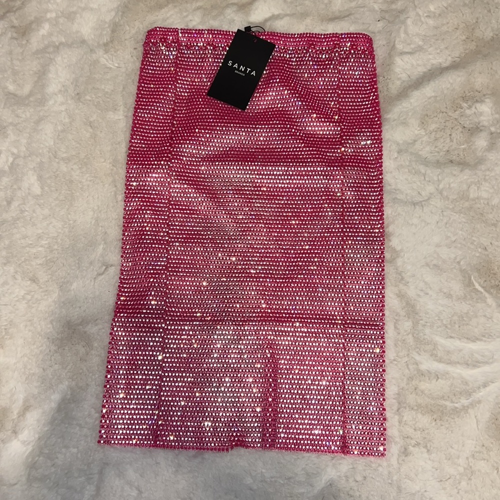 Santa Brands Hot Pink Rhinestone Crystal Mesh Mini Skirt - Picture 9 of 11